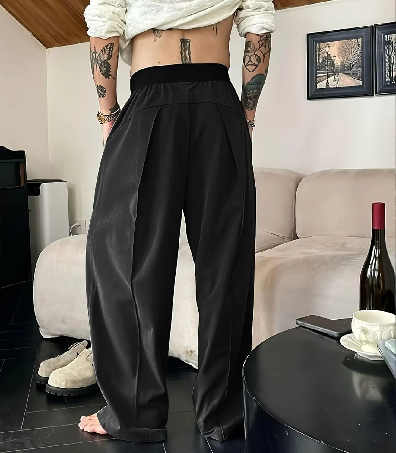 FTIMILD Men's Wide Leg Business Suit Pants Solid Loose Fit High Elastic Waisted Harem Trousers Lightweight Baggy Pants