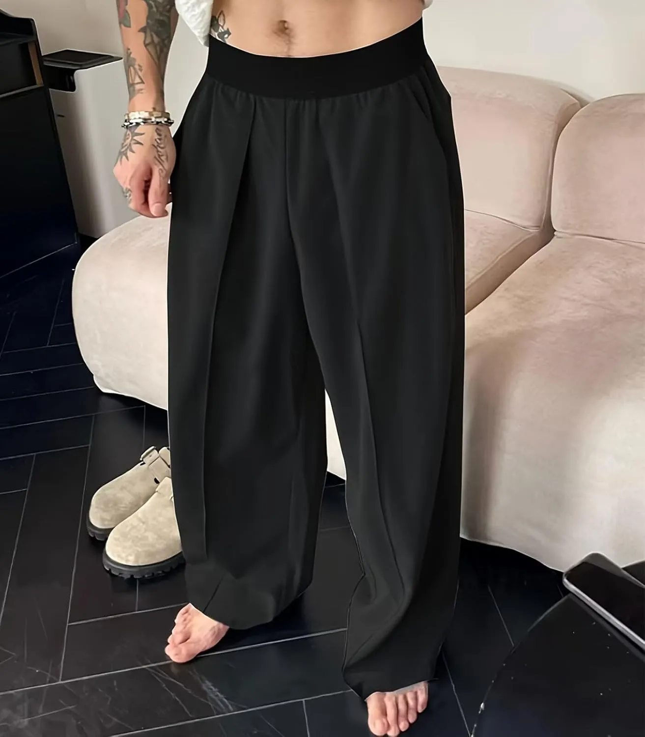 FTIMILD Men's Wide Leg Business Suit Pants Solid Loose Fit High Elastic Waisted Harem Trousers Lightweight Baggy Pants