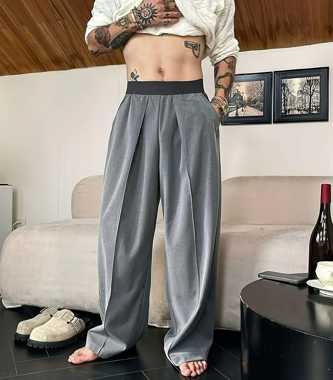 FTIMILD Men's Wide Leg Business Suit Pants Solid Loose Fit High Elastic Waisted Harem Trousers Lightweight Baggy Pants