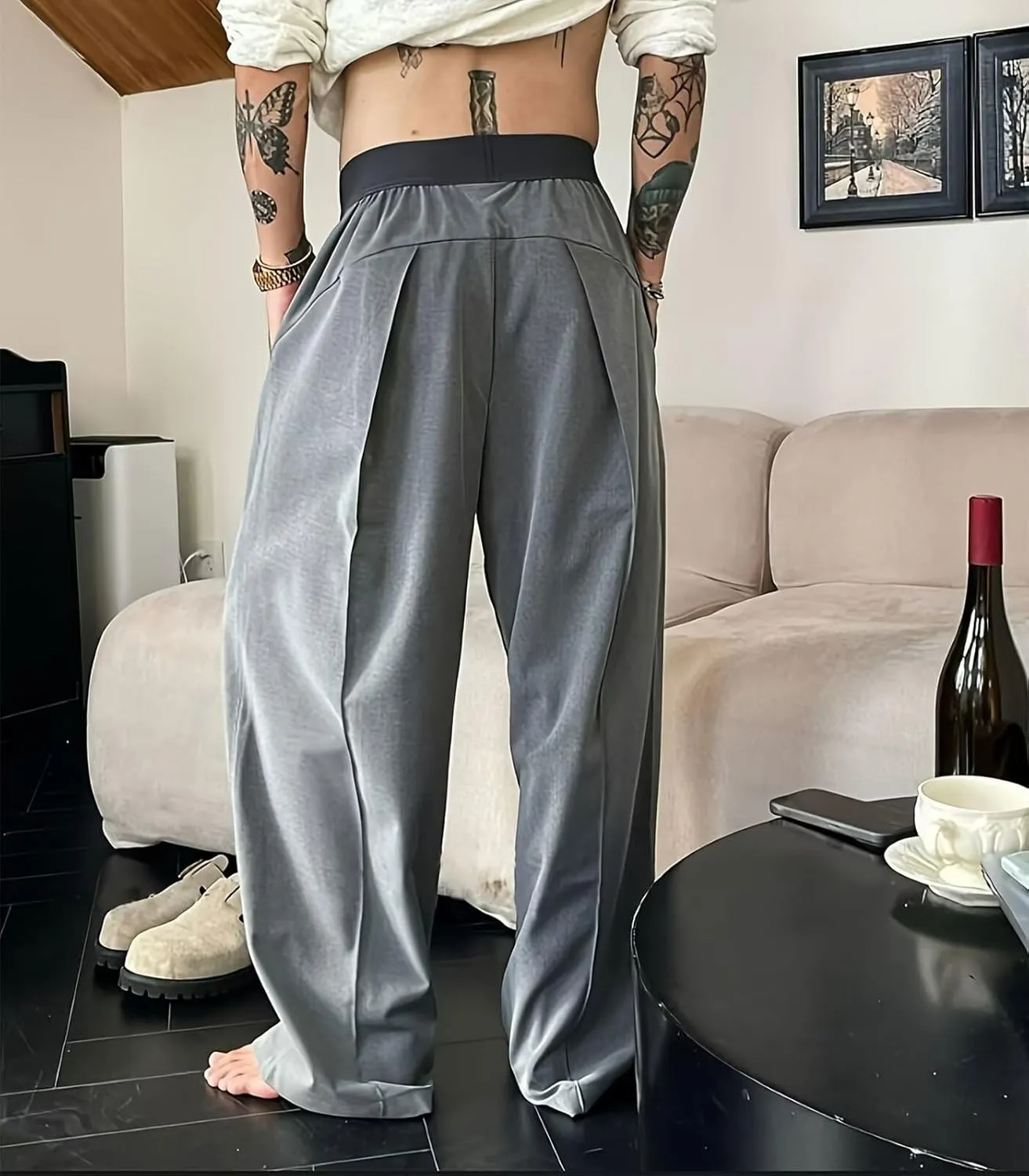 FTIMILD Men's Wide Leg Business Suit Pants Solid Loose Fit High Elastic Waisted Harem Trousers Lightweight Baggy Pants