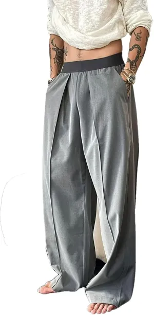 FTIMILD Men's Wide Leg Business Suit Pants Solid Loose Fit High Elastic Waisted Harem Trousers Lightweight Baggy Pants