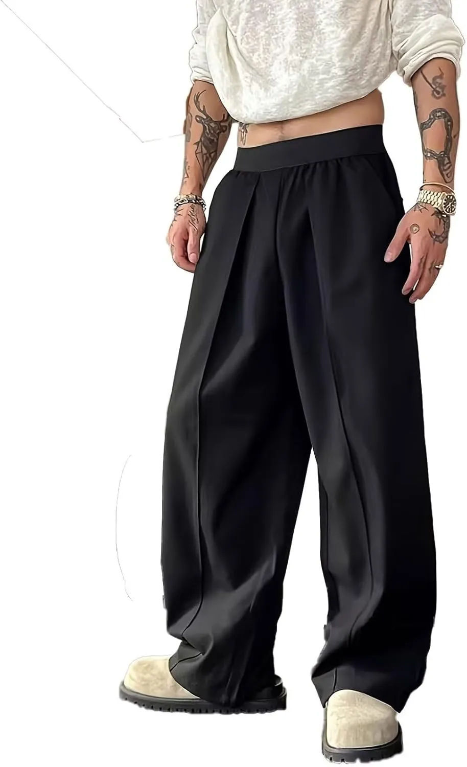 FTIMILD Men's Wide Leg Business Suit Pants Solid Loose Fit High Elastic Waisted Harem Trousers Lightweight Baggy Pants