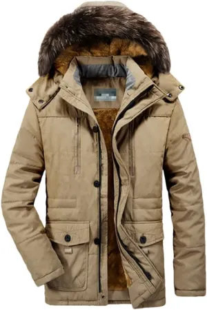 FULBHPRINT Men's Winter Parkas Jacket - Cotton Padded Military Coat With Hood - Fleece Thick Long Windbreaker