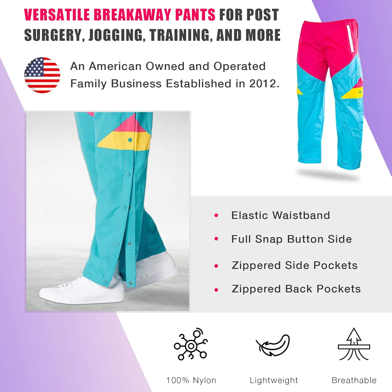 Funny Guy Mugs Tear Away Pull On Pants - Post-Surgery Snap Button Tearaway Elastic Waist Pants - Retro Windbreaker Pants