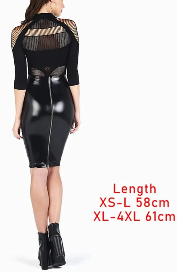 Haitpant Women PU Leather Bodycon Midi Skirt Ladies Faux Leather Pencil Skirt Hip Wrapped Back Zip Shiny High Waisted Skirts