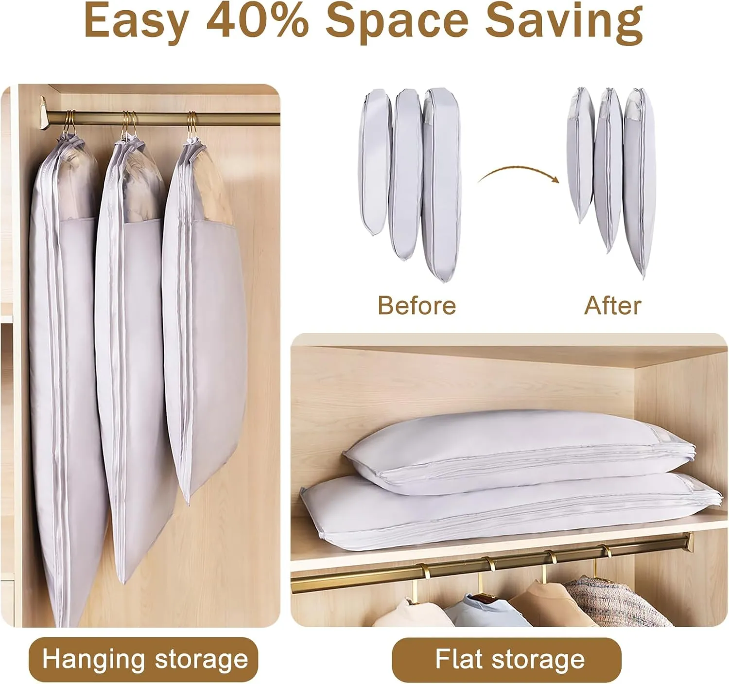 Hanging Garment Bags with Self Compression Zipper, Long-Lasting Dustproof Suit Bag Garment Covers, Space Saving Large Capacity Wardrobe Clothes Storage Bags for Down Jacket(Size:130cm-1Pcs)