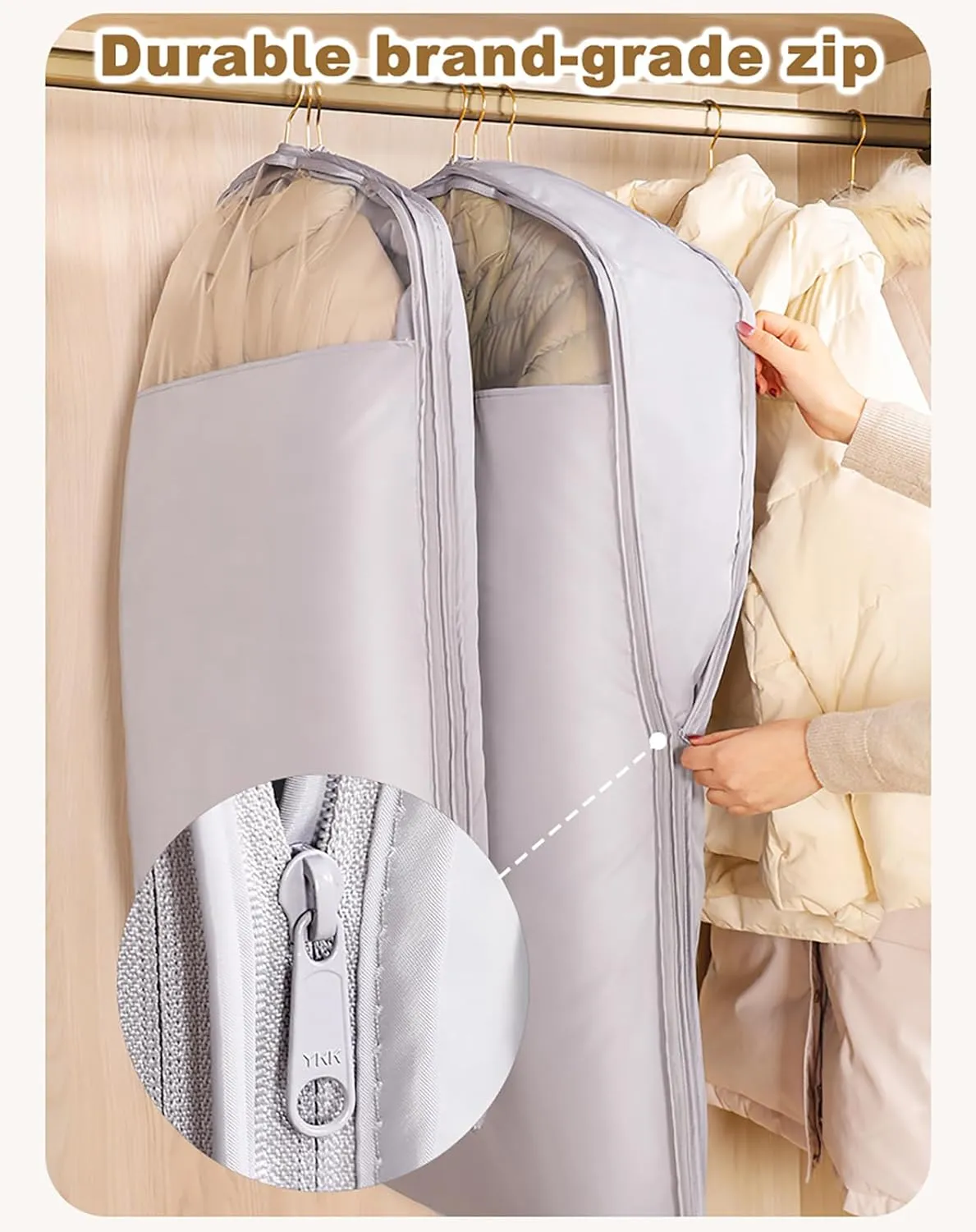 Hanging Garment Bags with Self Compression Zipper, Long-Lasting Dustproof Suit Bag Garment Covers, Space Saving Large Capacity Wardrobe Clothes Storage Bags for Down Jacket(Size:90cm-1Pcs)