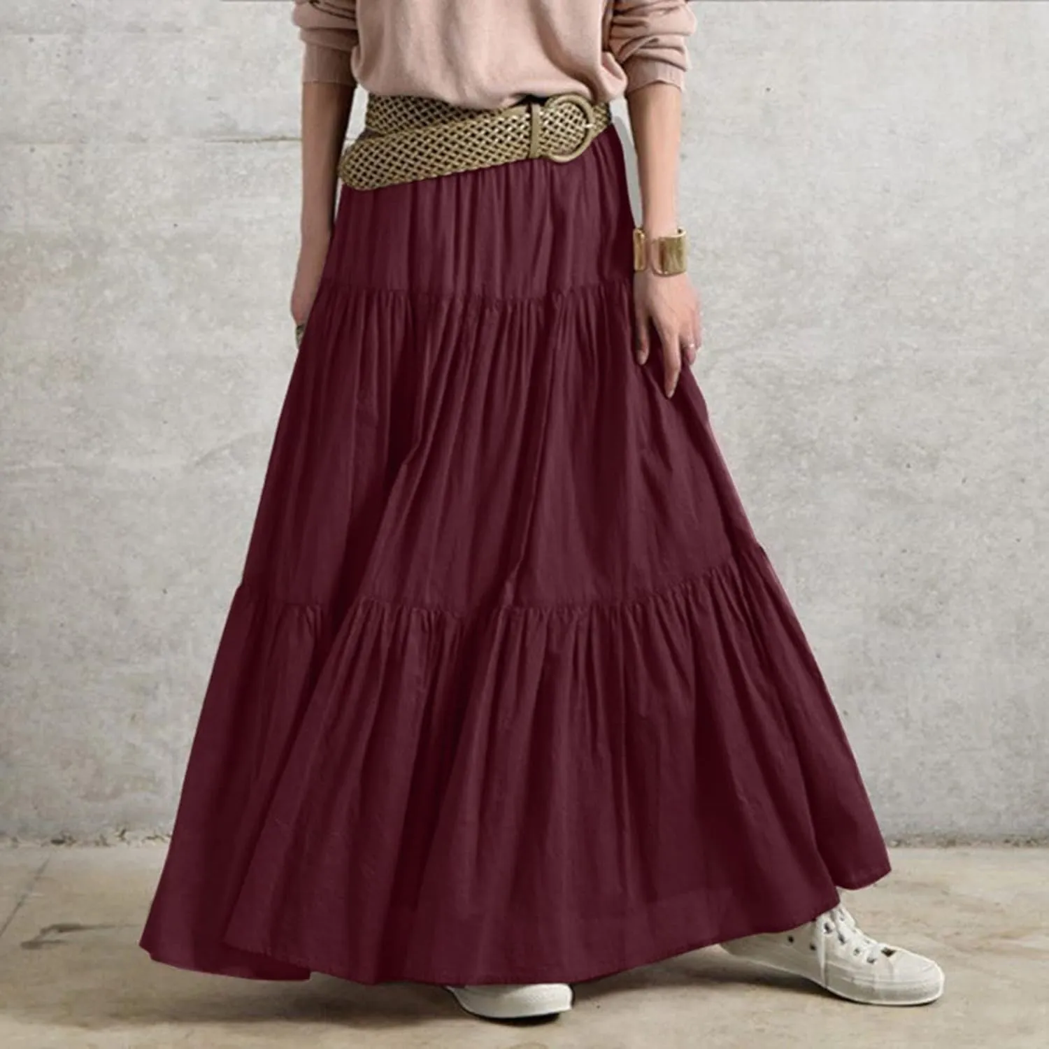 High Waisted Skirts for Women,Spring Summer Ruffled Casual Long Skirt Plain Retro Pleated Skirt Casual Flowy Skirts