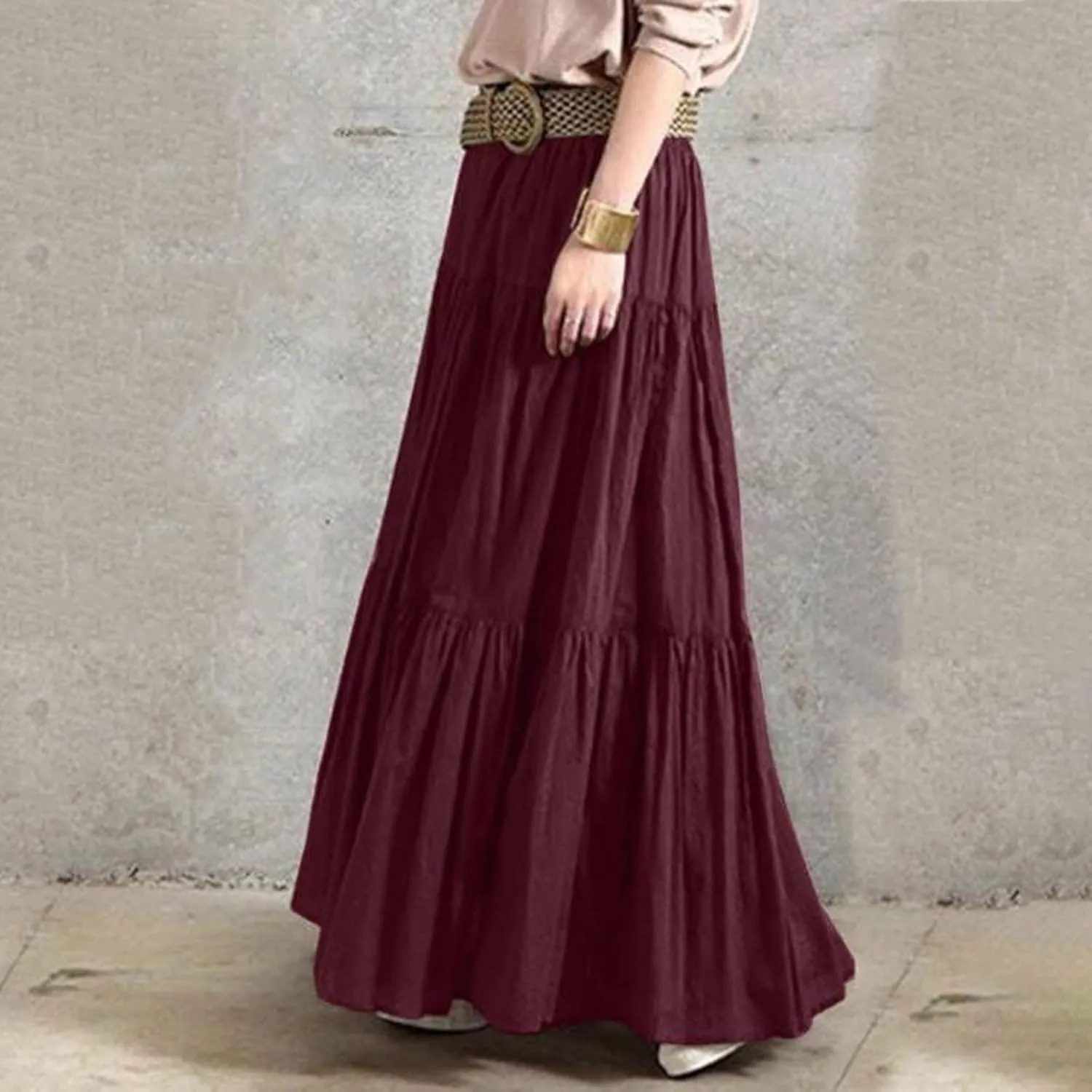 High Waisted Skirts for Women,Spring Summer Ruffled Casual Long Skirt Plain Retro Pleated Skirt Casual Flowy Skirts
