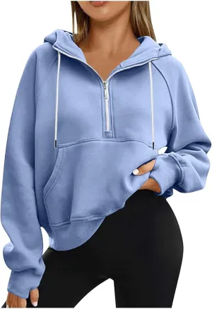Hoodies for Teen Girls Half Zip Crop Sweatshirt Drawstring Pullover Going Out Cute Fashion Dating Shirts Thumb Hole