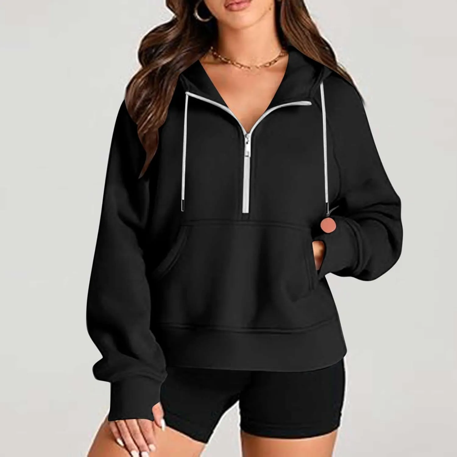 Hoodies for Teen Girls Half Zip Crop Sweatshirt Drawstring Pullover Going Out Cute Fashion Dating Shirts Thumb Hole