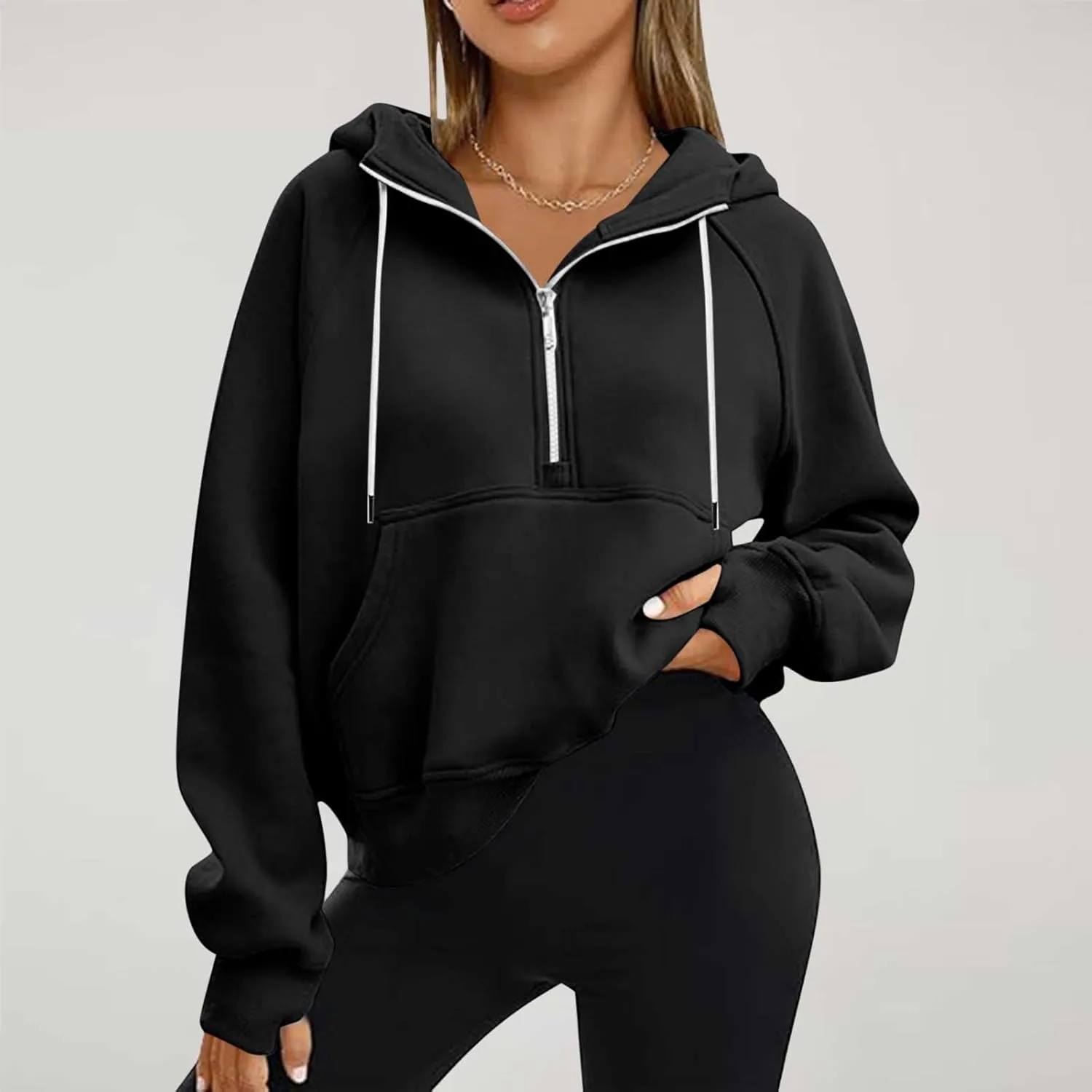 Hoodies for Teen Girls Half Zip Crop Sweatshirt Drawstring Pullover Going Out Cute Fashion Dating Shirts Thumb Hole