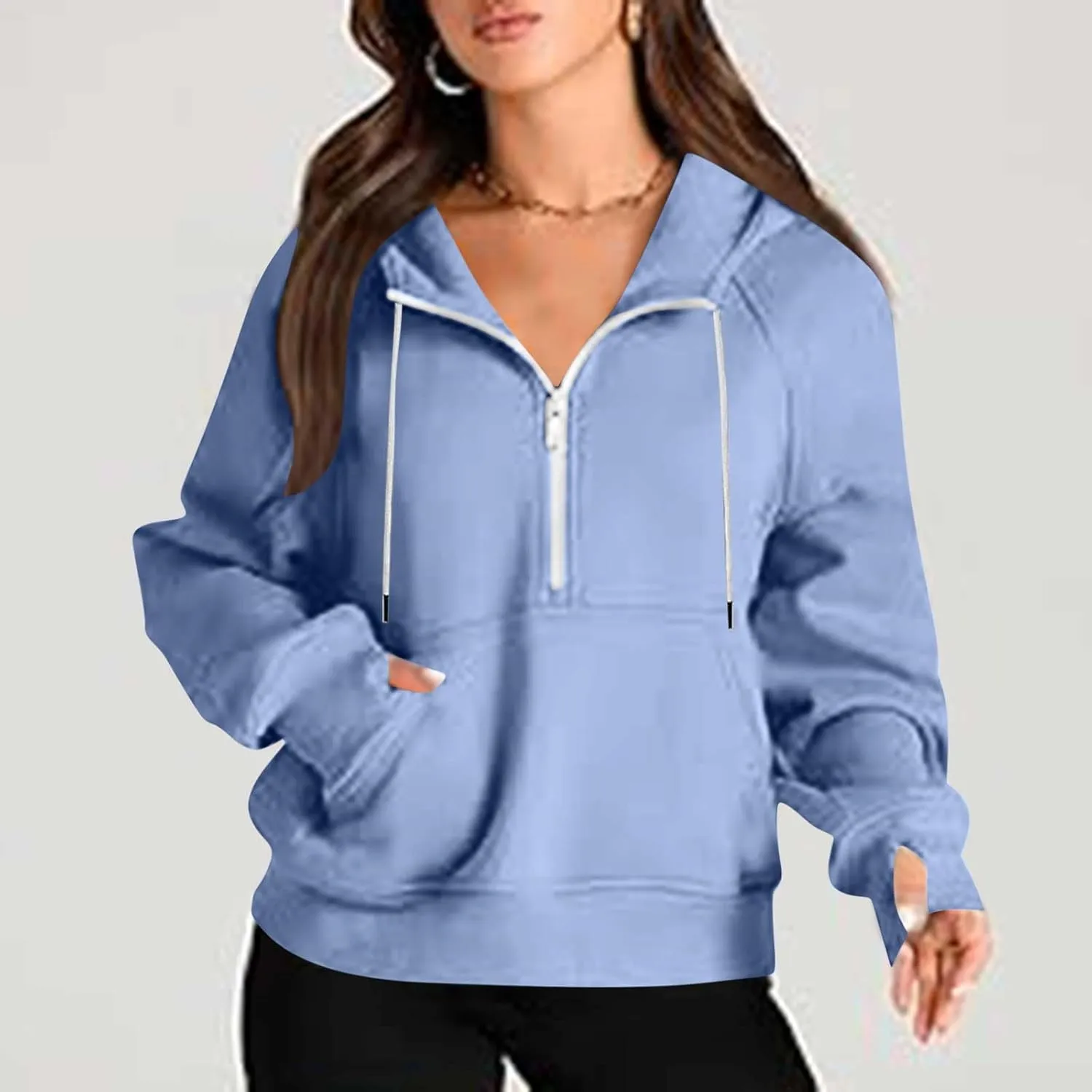 Hoodies for Teen Girls Half Zip Crop Sweatshirt Drawstring Pullover Going Out Cute Fashion Dating Shirts Thumb Hole