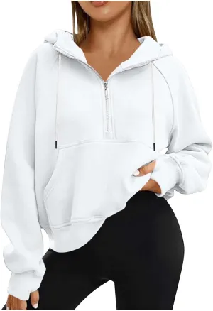 Hoodies for Teen Girls Half Zip Crop Sweatshirt Drawstring Pullover Going Out Cute Fashion Dating Shirts Thumb Hole