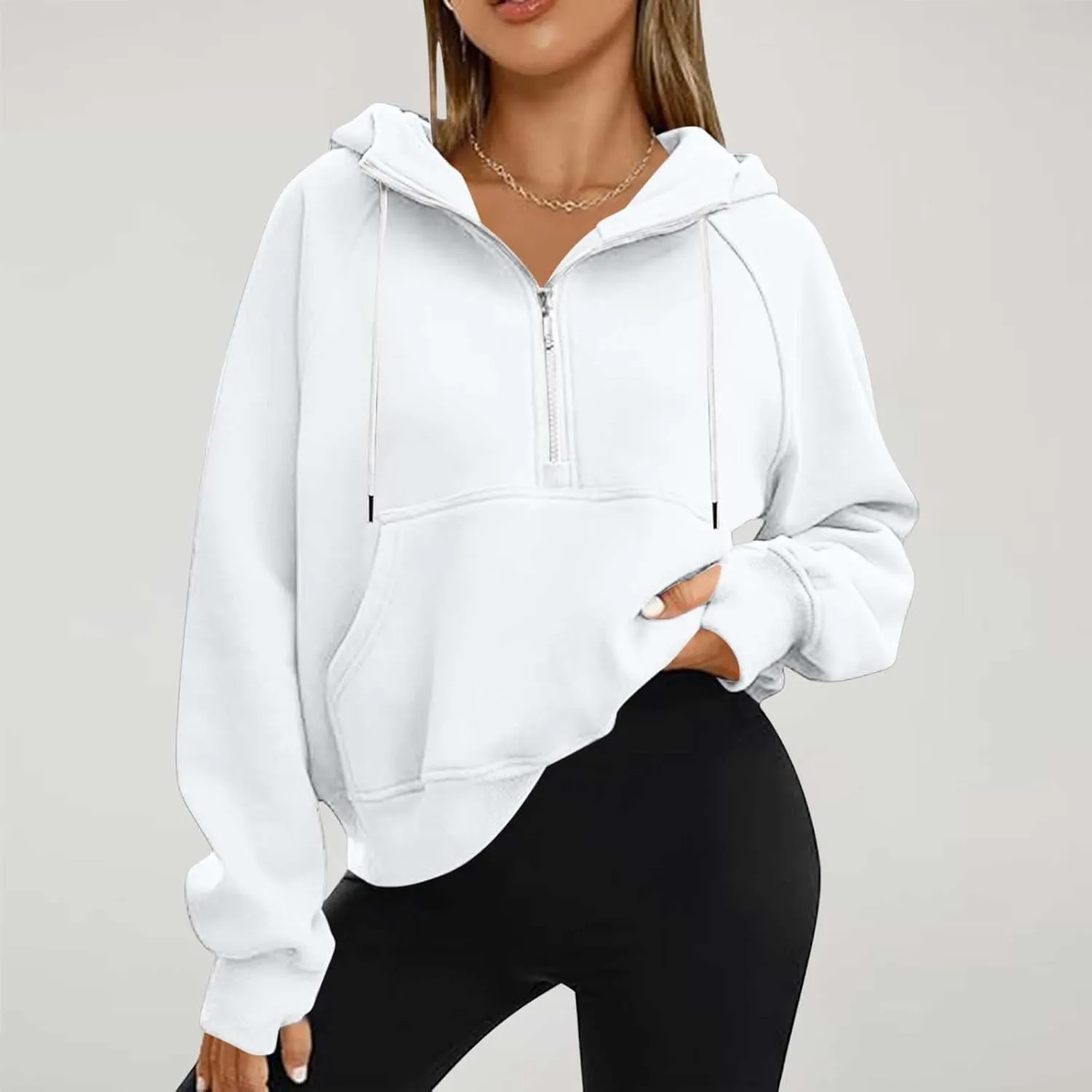 Hoodies for Teen Girls Half Zip Crop Sweatshirt Drawstring Pullover Going Out Cute Fashion Dating Shirts Thumb Hole