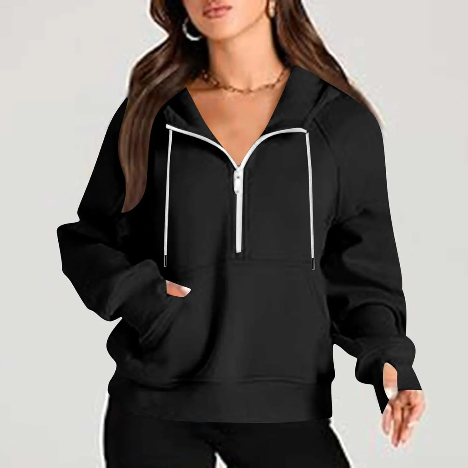 Hoodies for Teen Girls Half Zip Crop Sweatshirt Drawstring Pullover Going Out Cute Fashion Dating Shirts Thumb Hole