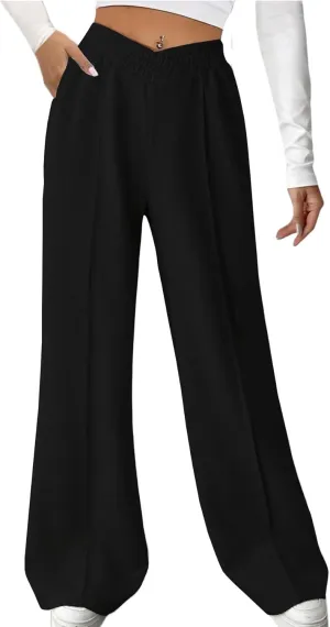 HOPYOP Womens Sweatpants Wide Leg Pants for Women Fall Winter Baggy V Crossover Womens Sweat Pants with Pockets