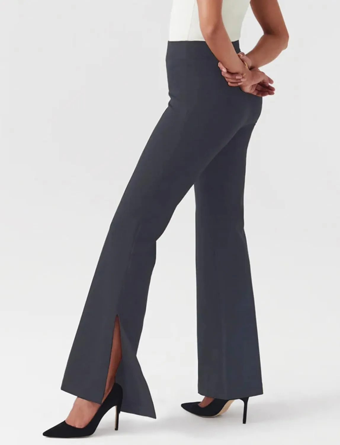 Houmous 31'' Inseam Women High Waist Split Hem Flare Work Pants with Pockets Stretchy Pull On Long Pant Casual Slack