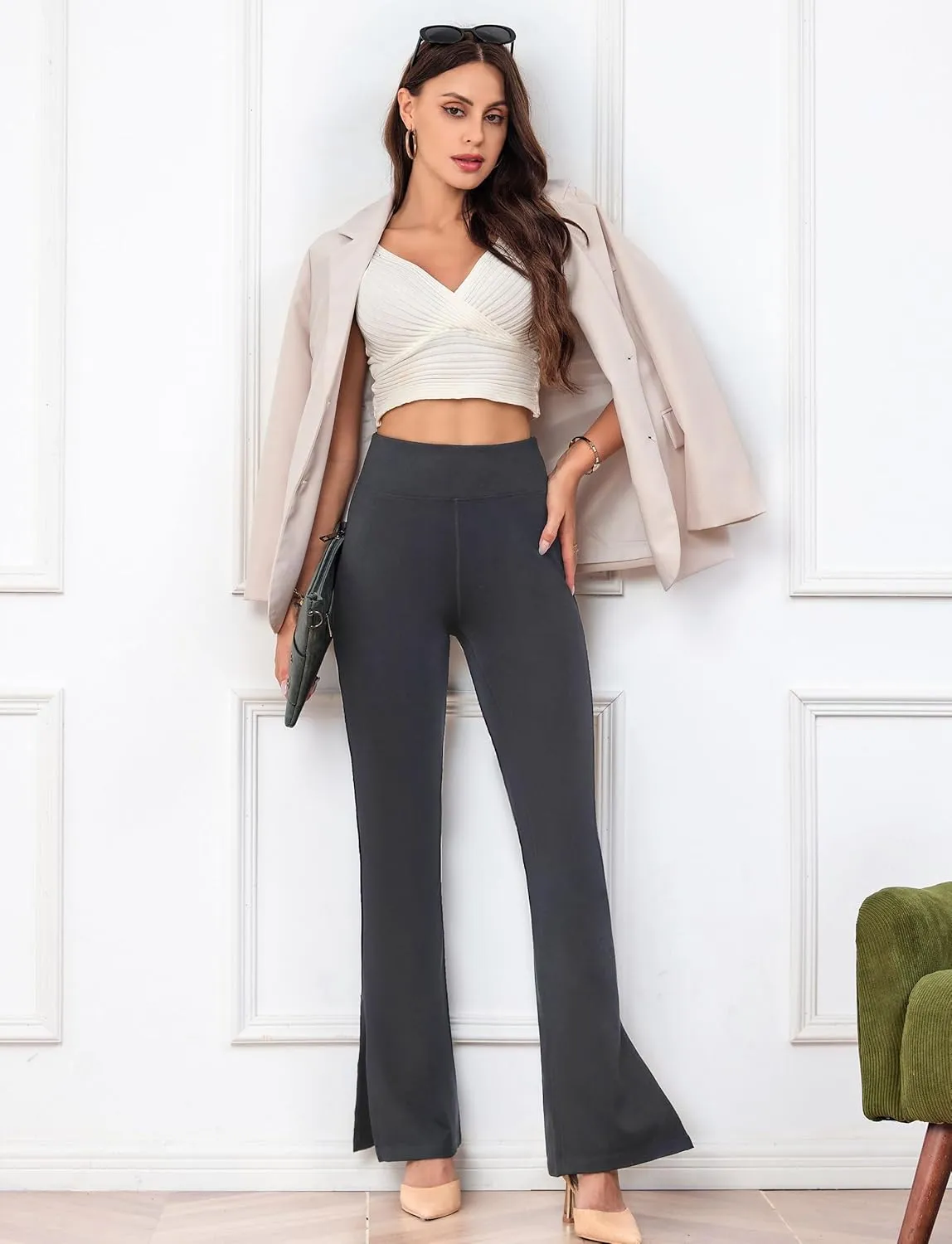 Houmous 31'' Inseam Women High Waist Split Hem Flare Work Pants with Pockets Stretchy Pull On Long Pant Casual Slack
