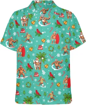 HUGLAZY Bigfoot Hawaiian Shirt for Men Bigfoot Christmas Shirts Button Down Short Sleeve Funny Party Outfit