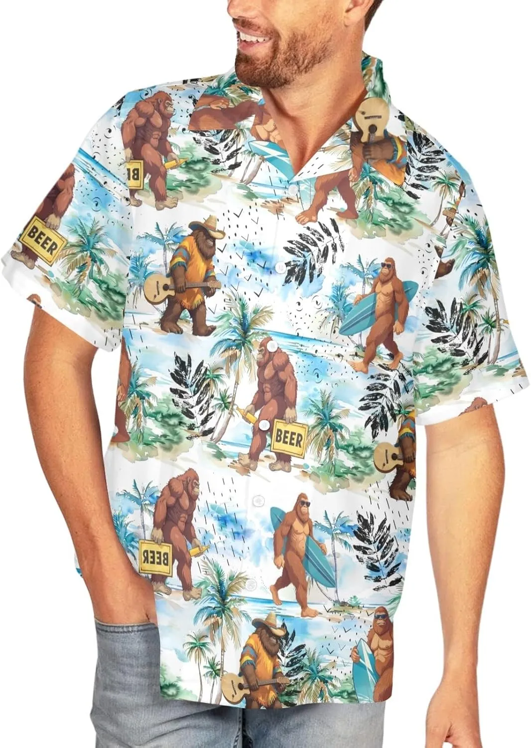 HUGLAZY Bigfoot Hawaiian Shirt for Men Bigfoot Christmas Shirts Button Down Short Sleeve Funny Party Outfit