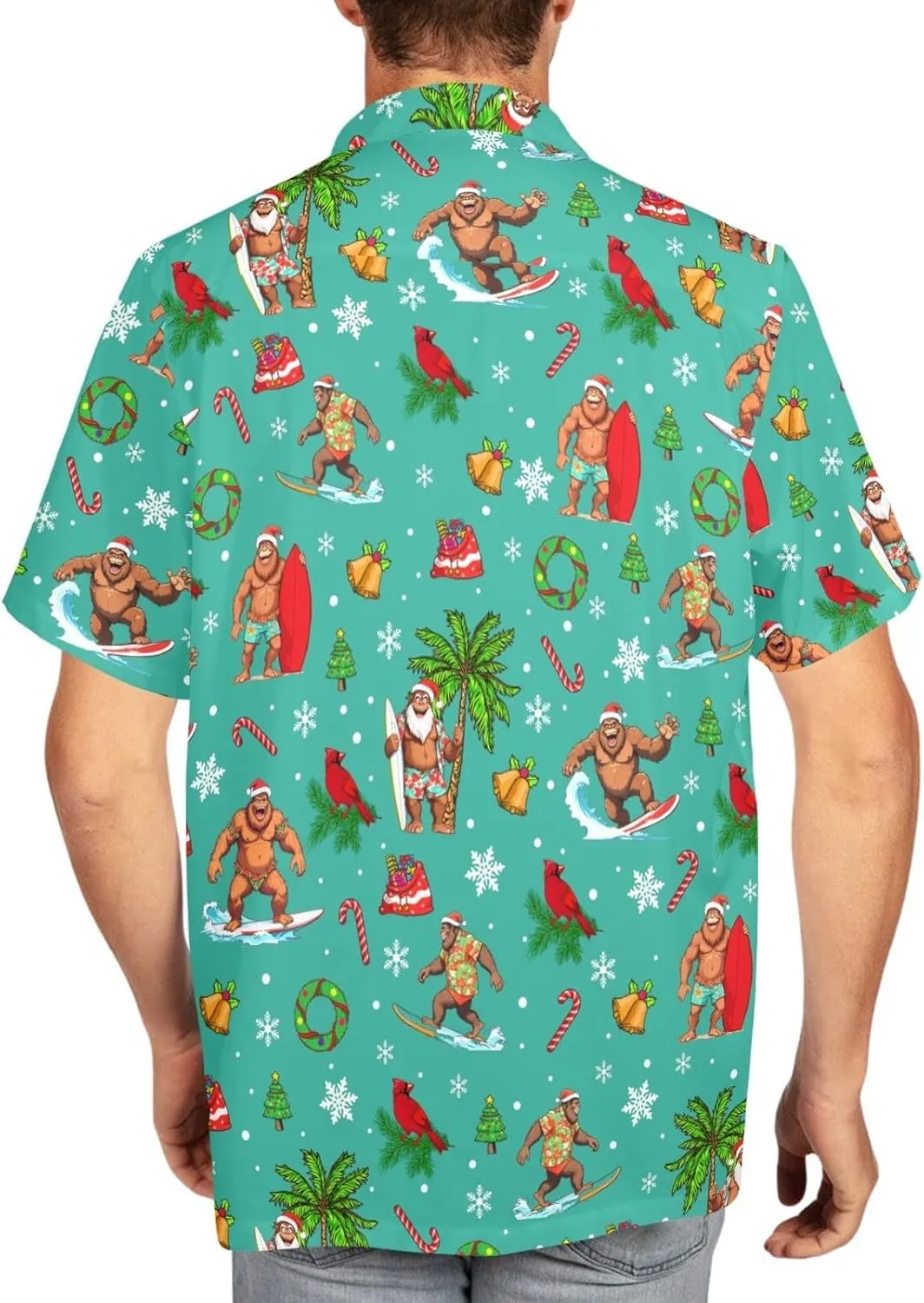 HUGLAZY Bigfoot Hawaiian Shirt for Men Bigfoot Christmas Shirts Button Down Short Sleeve Funny Party Outfit