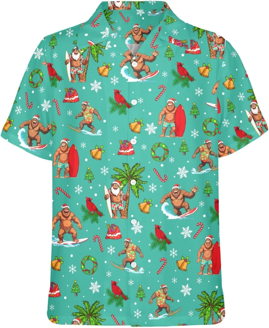 HUGLAZY Bigfoot Hawaiian Shirt for Men Bigfoot Christmas Shirts Button Down Short Sleeve Funny Party Outfit