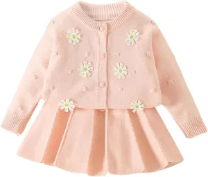 IKADEX 2PCS Toddler Girl Skirt Set Long Sleeve Embroidery Daisy Button Knit Cardigan Pleated Skirt for Kids Warm Outfit