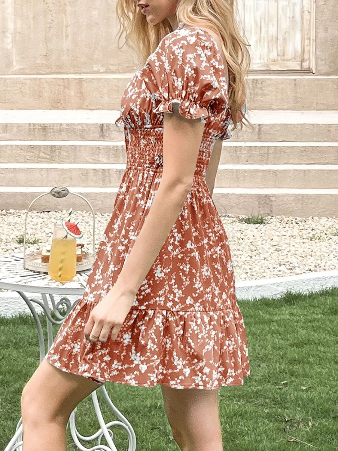Imily Bela Womens Summer Dress Ruffle Sleeve Sqaure Neck Smocked Sun Dress Casual Boho Beach Floral Mini Dress