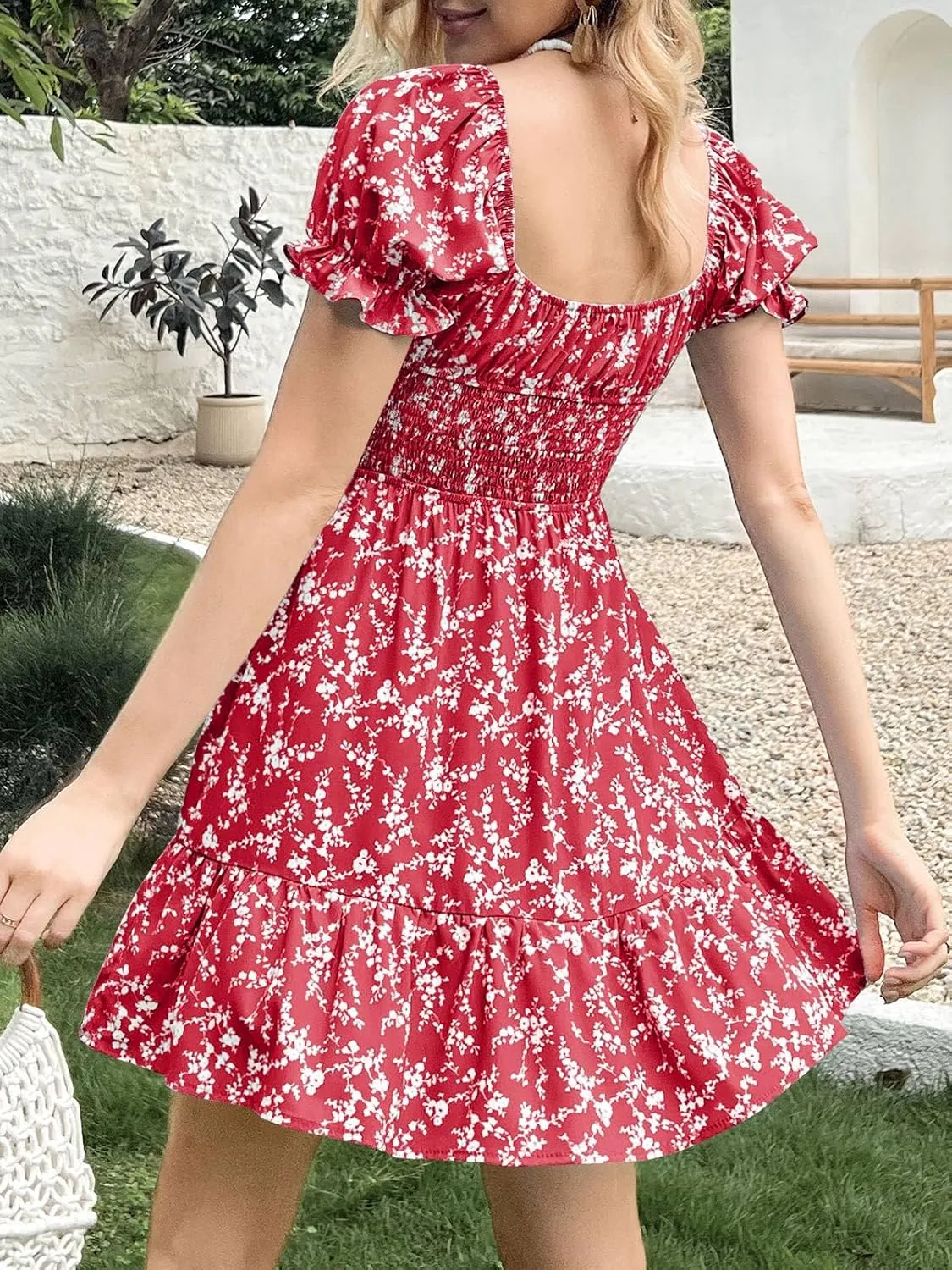 Imily Bela Womens Summer Dress Ruffle Sleeve Sqaure Neck Smocked Sun Dress Casual Boho Beach Floral Mini Dress