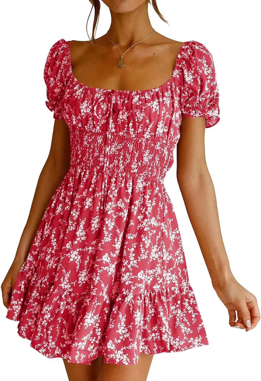 Imily Bela Womens Summer Dress Ruffle Sleeve Sqaure Neck Smocked Sun Dress Casual Boho Beach Floral Mini Dress