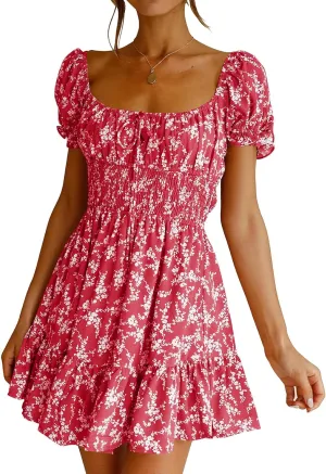Imily Bela Womens Summer Dress Ruffle Sleeve Sqaure Neck Smocked Sun Dress Casual Boho Beach Floral Mini Dress