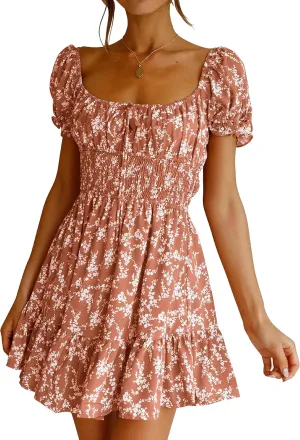 Imily Bela Womens Summer Dress Ruffle Sleeve Sqaure Neck Smocked Sun Dress Casual Boho Beach Floral Mini Dress