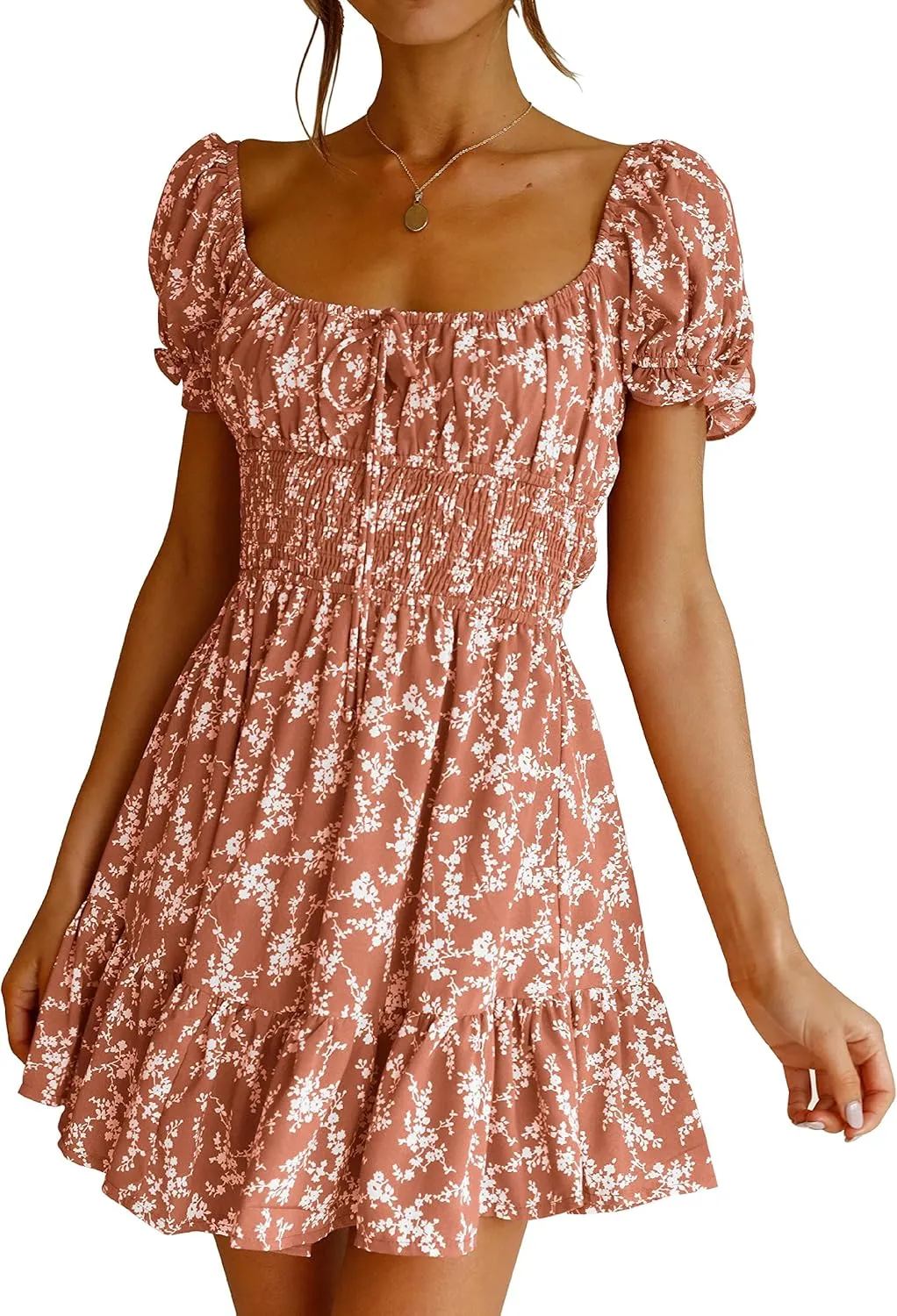 Imily Bela Womens Summer Dress Ruffle Sleeve Sqaure Neck Smocked Sun Dress Casual Boho Beach Floral Mini Dress