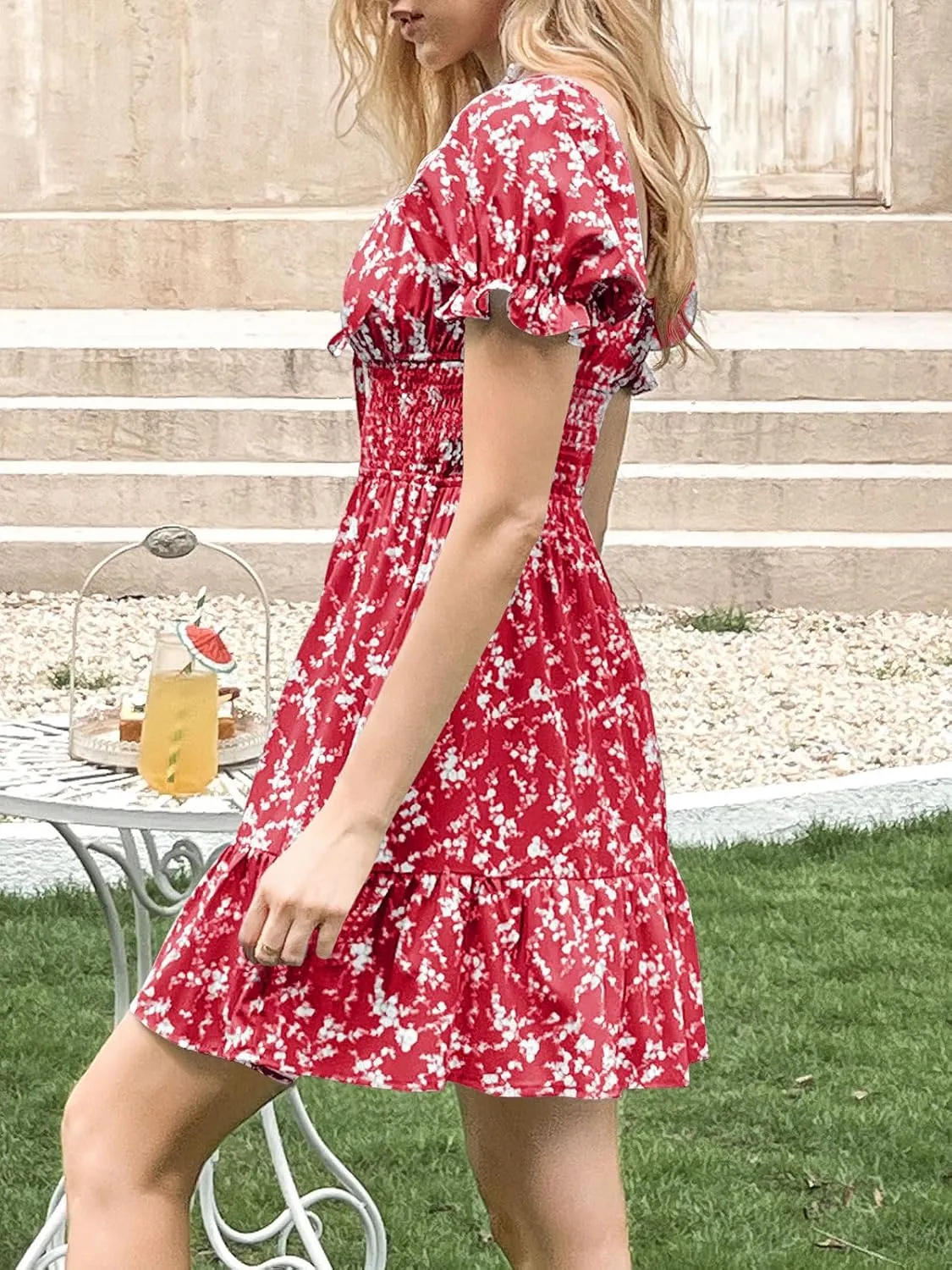 Imily Bela Womens Summer Dress Ruffle Sleeve Sqaure Neck Smocked Sun Dress Casual Boho Beach Floral Mini Dress