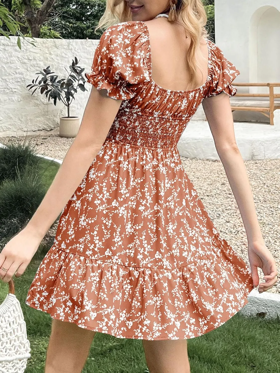 Imily Bela Womens Summer Dress Ruffle Sleeve Sqaure Neck Smocked Sun Dress Casual Boho Beach Floral Mini Dress