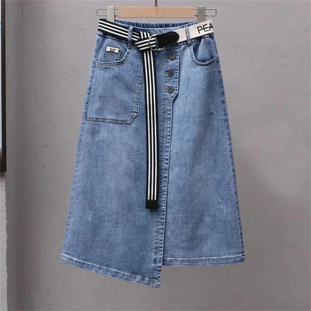 Irregular Denim Skirt for Women Spring Summer Elastic High Waisted A-Line Buttocks Wrapped Skirts