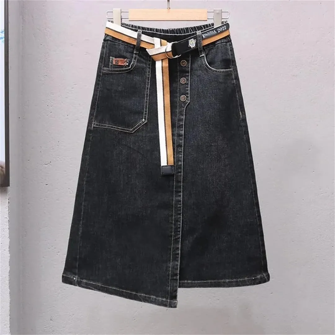 Irregular Denim Skirt for Women Spring Summer Elastic High Waisted A-Line Buttocks Wrapped Skirts