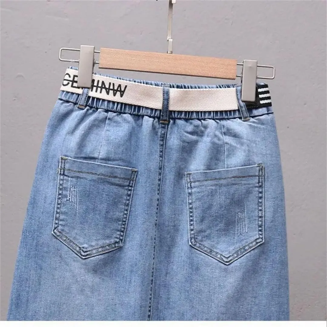 Irregular Denim Skirt for Women Spring Summer Elastic High Waisted A-Line Buttocks Wrapped Skirts