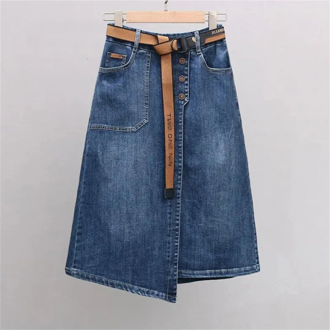 Irregular Denim Skirt for Women Spring Summer Elastic High Waisted A-Line Buttocks Wrapped Skirts