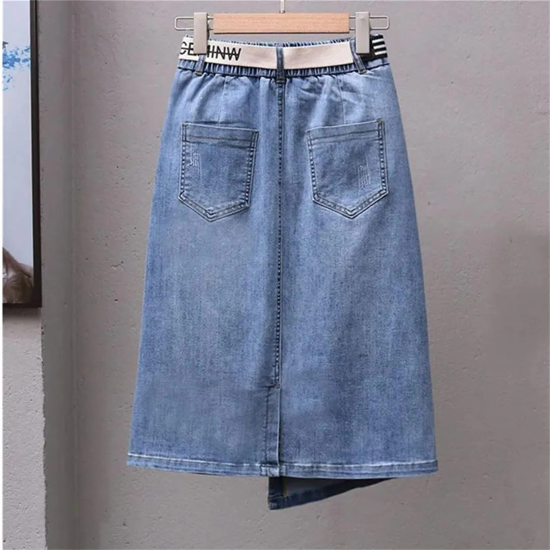 Irregular Denim Skirt for Women Spring Summer Elastic High Waisted A-Line Buttocks Wrapped Skirts