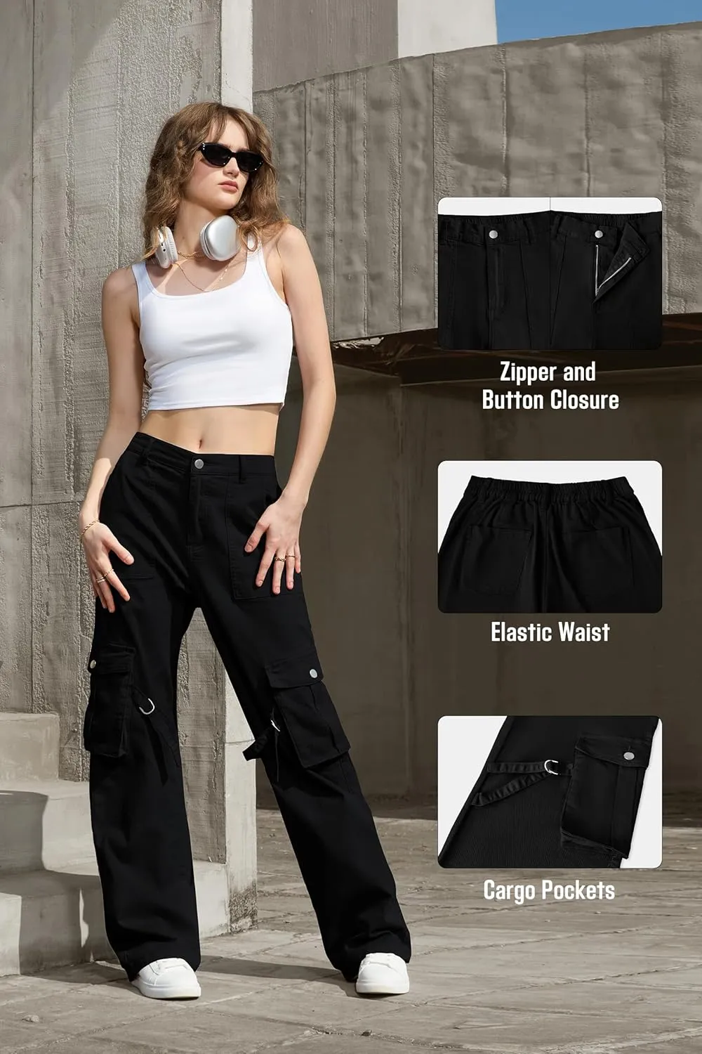 IVIR Womens Pants Wide Leg Cargo Pants Women High Waisted Pants with 6 Pockets Stretchy Y2K Streetwear Casual Trousers