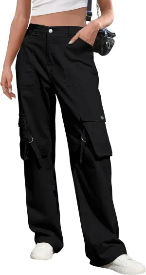 IVIR Womens Pants Wide Leg Cargo Pants Women High Waisted Pants with 6 Pockets Stretchy Y2K Streetwear Casual Trousers
