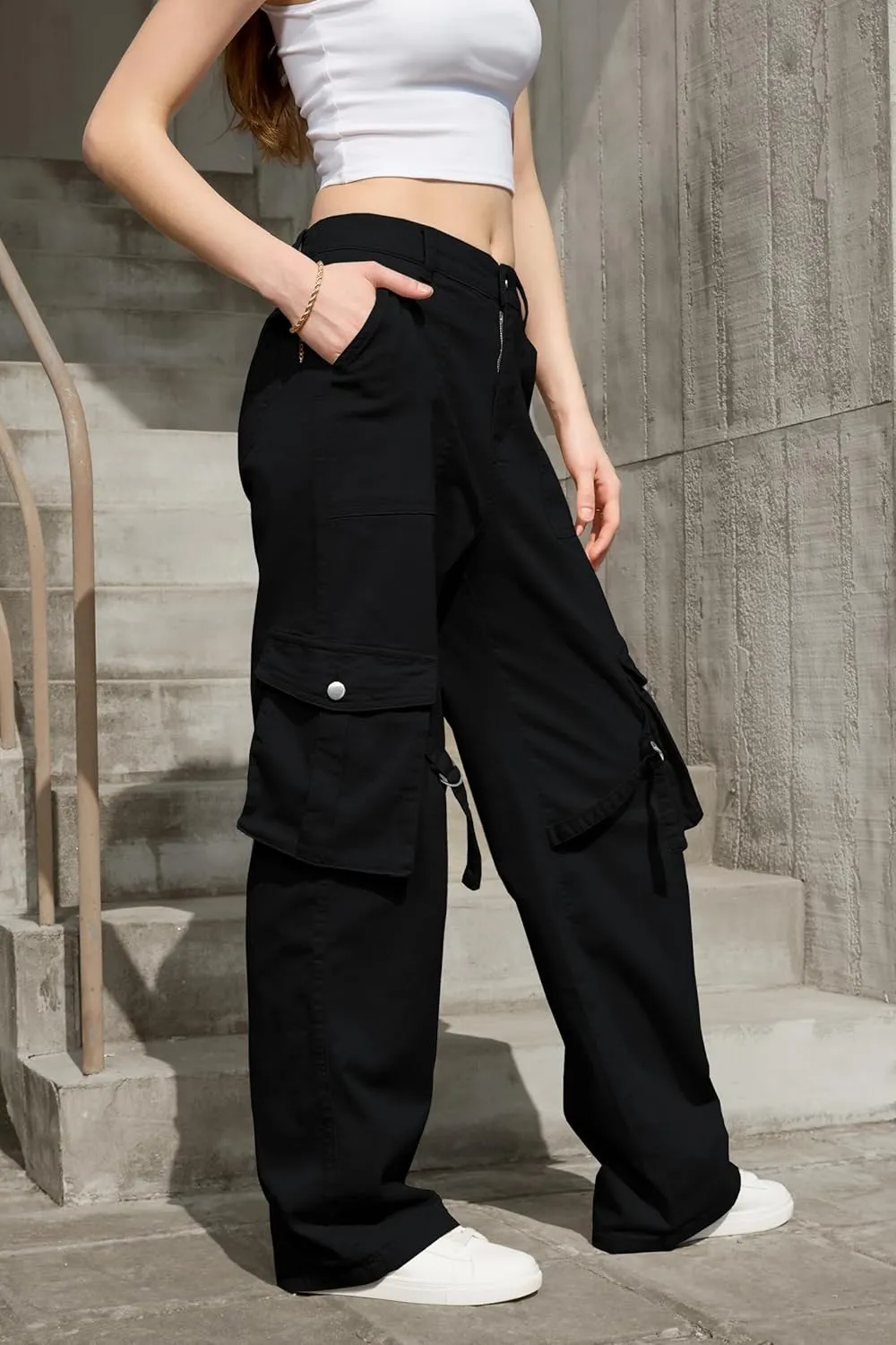 IVIR Womens Pants Wide Leg Cargo Pants Women High Waisted Pants with 6 Pockets Stretchy Y2K Streetwear Casual Trousers