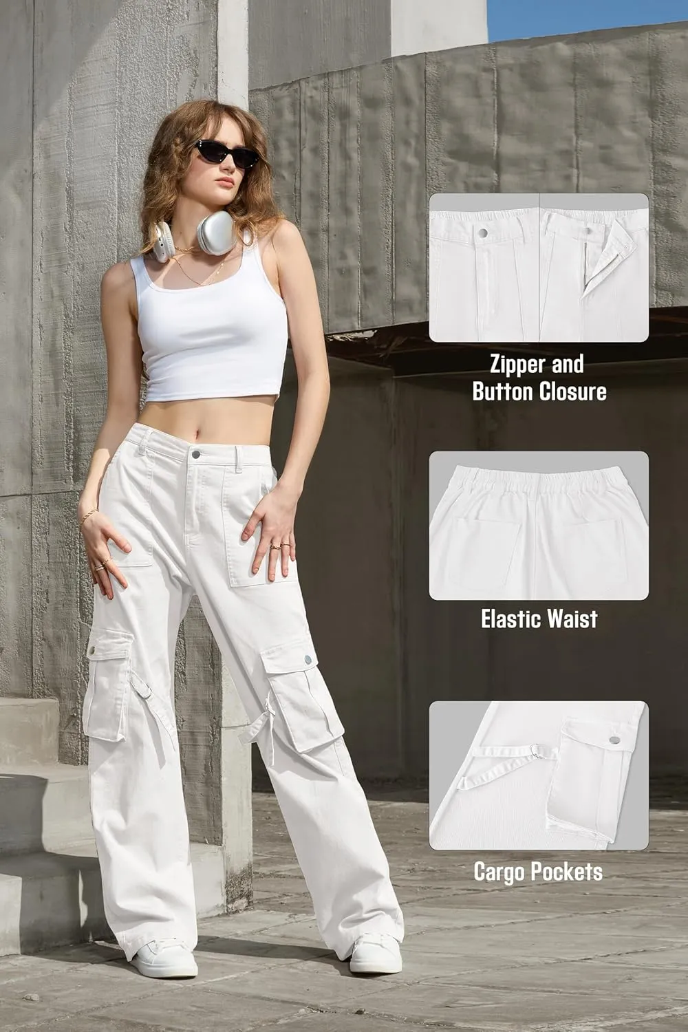 IVIR Womens Pants Wide Leg Cargo Pants Women High Waisted Pants with 6 Pockets Stretchy Y2K Streetwear Casual Trousers
