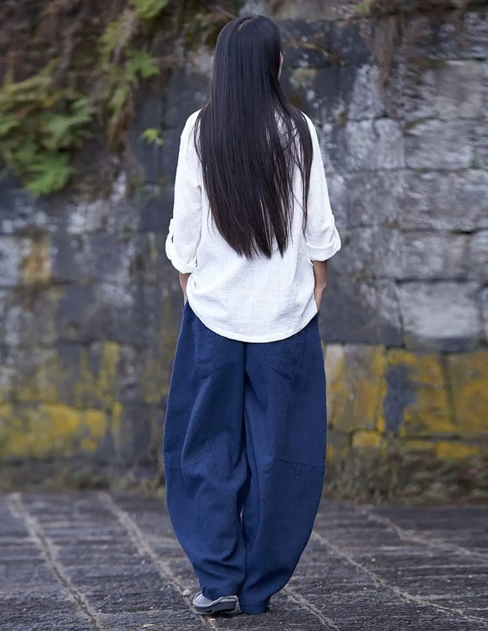 IXIMO Women's Cotton Linen Pants Casual Elastic Waist Lantern Slacks Loose Fit Baggy Patchwork Trousers