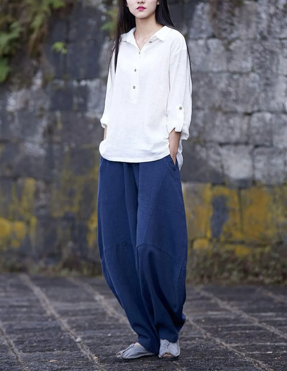 IXIMO Women's Cotton Linen Pants Casual Elastic Waist Lantern Slacks Loose Fit Baggy Patchwork Trousers