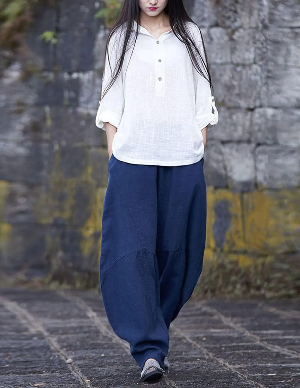 IXIMO Women's Cotton Linen Pants Casual Elastic Waist Lantern Slacks Loose Fit Baggy Patchwork Trousers