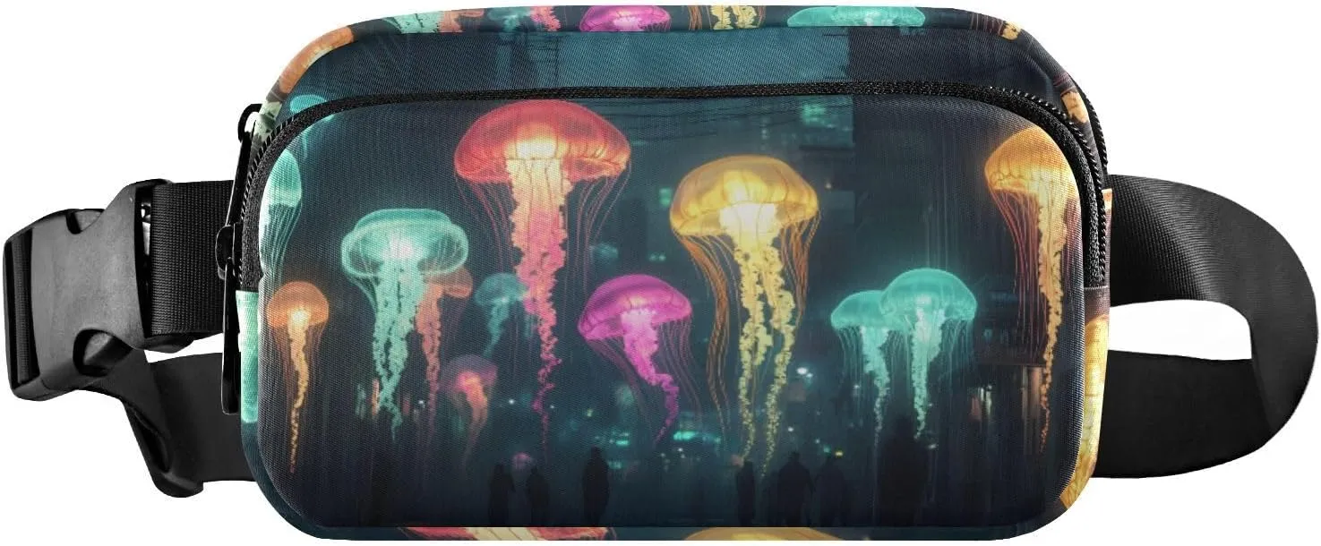 Jellyfish Shining Fanny Packs for Women Men, Water Resistant Waist Pack Sling Bag Purse for Travel Hiking