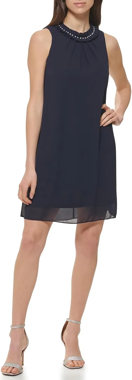 Jessica Howard Women's Halter Chiffon Mini Shift Dress  Special Occasion Sleeveless Jewel Neck